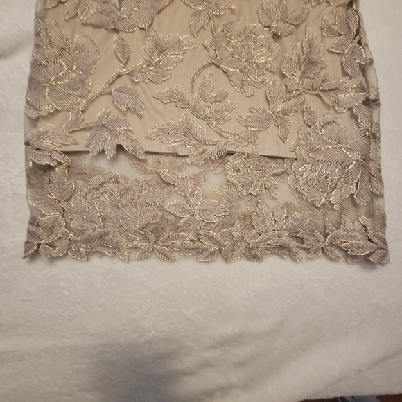 Tadashi Shoji Sz 8 Maci Gold Lace V-Neck Floral Embroidered Lined Cocktail Dress - Picture 15 of 16